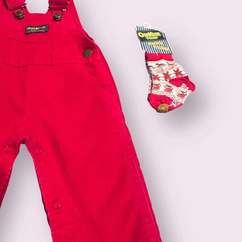Vintage Baby OshKosh B'gosh Red Corduroy Overalls W/Christmas Socks NWT